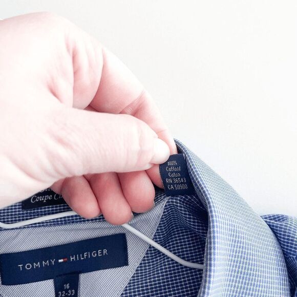 Tommy Hilfiger Mens Collared Shirt Slim Flit Micro Plaid Long Sleeve Blue Sz 16 - Picture 3 of 8